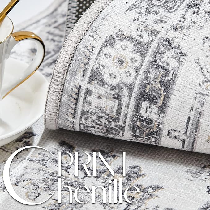 jinchan Long Hallway Runner Rug 2x12 Machine Washable Runner Rug Grey Vintage Floral Design Non-Slip Ultra-Thin for Kitchen Laundry Room Bedroom Farmhouse (2‘x12',Grey)-CubbioJoy