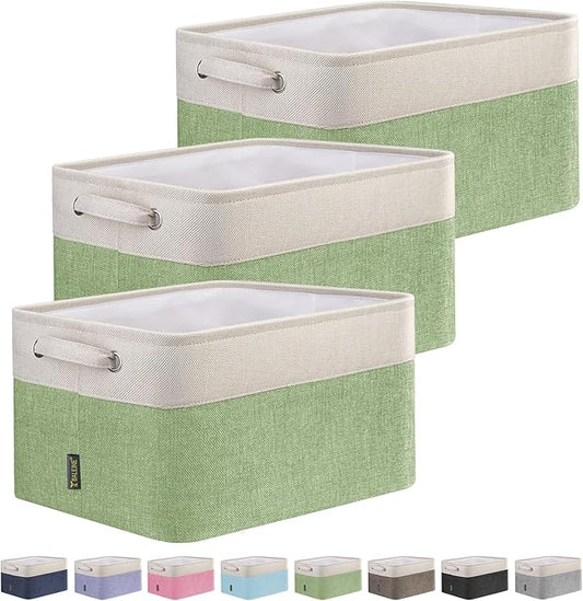 BALEINE 3 Pack Fabric Storage Bins for Shelves, Linen Storage Baskets for Organizing, Decorative Closet Bins for Clothes, Home (Green, 15''x11''x9.5'')-CubbioJoy