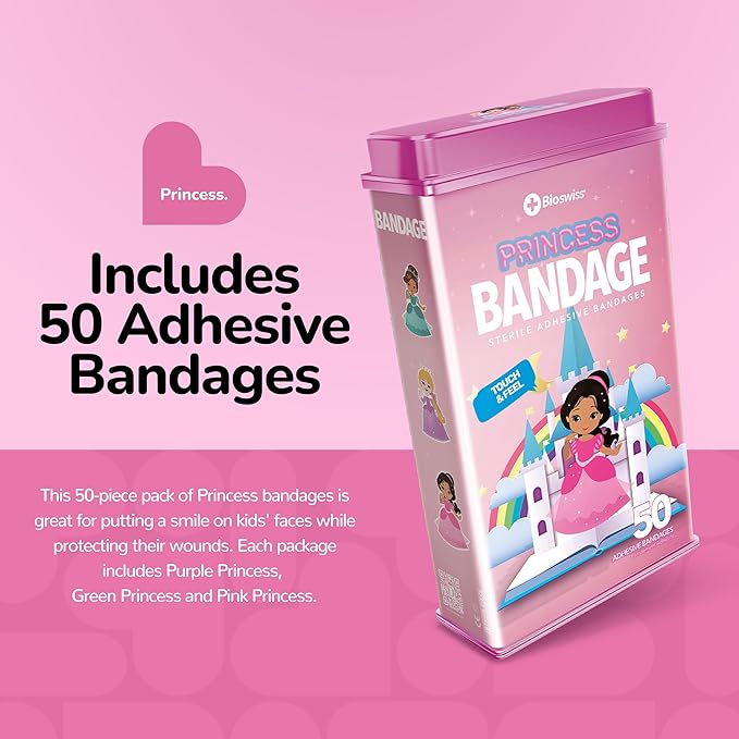 BioSwiss Bandages, Princess Shaped Self Adhesive Bandage, Latex Free Sterile Wound Care, Fun First Aid Kit Supplies for Kids, 50 Count-CubbioJoy