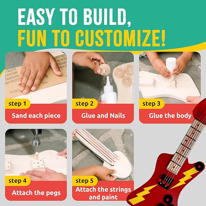 DIY Wood Building Kits, STEM Woodworking Kit for Kids, Creative Fun Craft Projects, Great Gift for Boys & Girls (Wooden Guitar, 1-Pack)-CubbioJoy