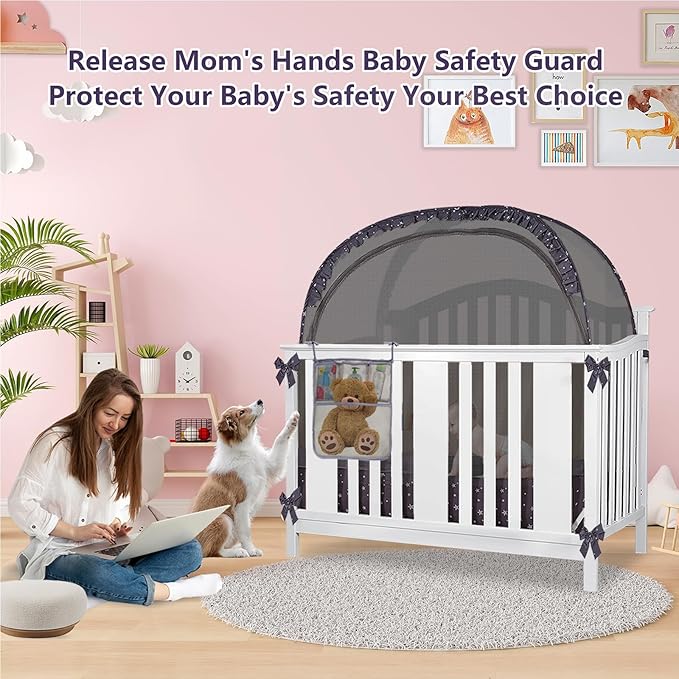 Baby Safety Crib Tent Infant Pop up Mosquito Net Nursery Bed Canopy Netting Cover - Keep Baby from Climbing Out with Hanging Diaper Storage Bag (Dark Gray)-CubbioJoy