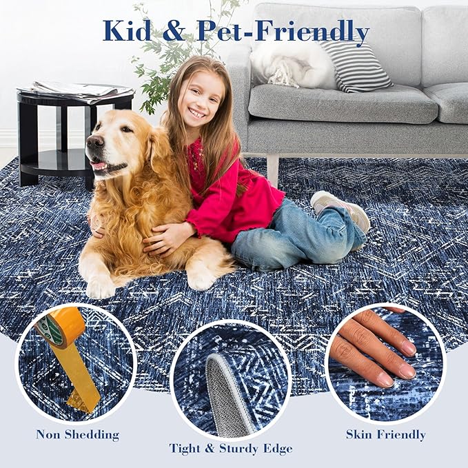 COZYLOOM Living Room Rug 9x12 Machine Washable Area Rugs Modern Abstract Floor Cover Non Slip Low Pile Geometric Mats Stain Resistant Foldable Carpet for Dining Room Bedroom, Blue-CubbioJoy