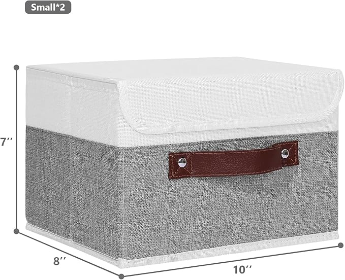 ANMINY 2PCS Storage Boxes with Lid Washable Decorative Storage Bins Basket with PU Leather Handle Foldable Linen Fabric Storage Cubes Containers for Home Closet Organizer - Gray White, Small Size-CubbioJoy