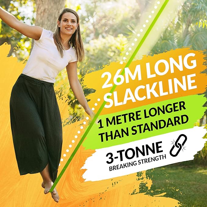 85ft Slackline Kit for Kids and Adults | Beginner Friendly Slackline | Slack Line Set with Tree Protectors, Cotton Carry Bag & Steel Ratchet | Outdoor Gym for Kids-CubbioJoy