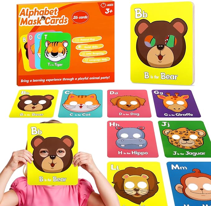 26 PCS Alphabet Mask Cards, Colorful Alphabet ABC Flash Cards with Animal Mask, Giant Letter ABC Animal Faces Flash Learning Flashcards-CubbioJoy