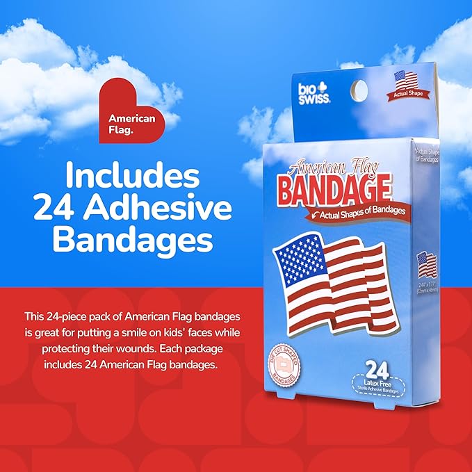 BioSwiss Bandages, American Flag Shaped Self Adhesive Bandage, Latex Free Wound Care, Fun First Aid Kit Supplies for Kids and Adults, 24 Count-CubbioJoy
