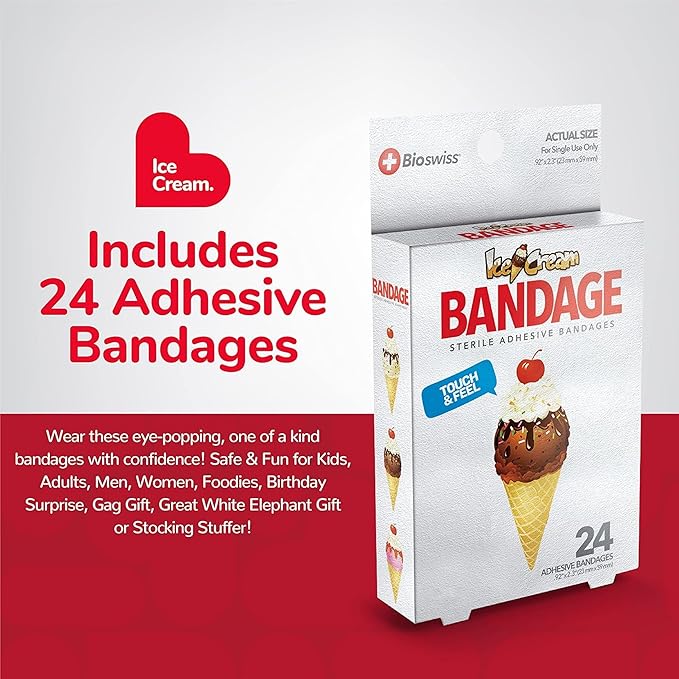 BioSwiss Bandages, Ice Cream Shaped Self Adhesive Bandage, Latex Free Sterile Wound Care, Fun First Aid Kit Supplies for Kids, 24 Count-CubbioJoy