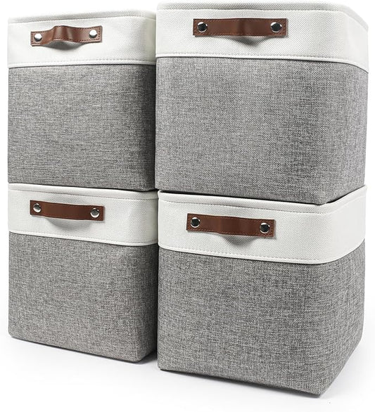 Collapsible Fabric Storage Cubes 11x11 Cube Storage Bins, 4 Pack Closet Baskets Box with Handles for Organizing, Shelf, Toys, Clothes, Home, Office, Nursery (Grey&White)-CubbioJoy