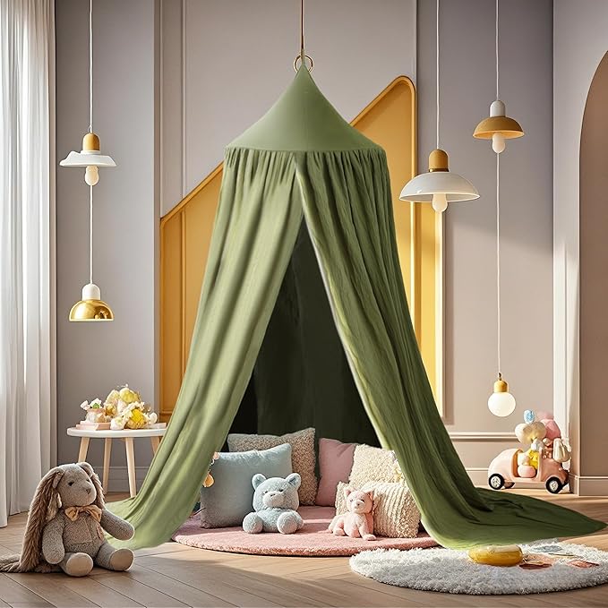 Cotton Kids Bed Canopy, Nursery Room Baby Crib Hanging Curtain Mosquito Net Hideaway Bedding Children Reading Nook Decoration, Pastel Neutral Color for Boys & Girls (Beige)-CubbioJoy