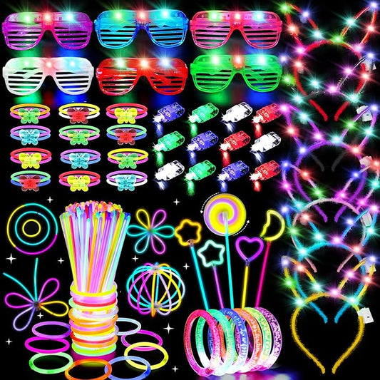 156PCS Glow in The Dark Party Supplies for Kids 8-12, Light Up Glasses Headband Rings Halloween Party Favor Adult, 100 Glow Sticks Bulk Party Pack DIY Necklaces Bracelets Neon Camping Pool Decorations-CubbioJoy