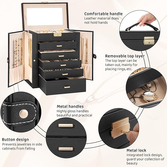AKOZLIN Large 6-Tier Jewelry Box Lockable Leather Jewelry Storage Case with 5 Drawers for Women Girls Ring Necklace Earring Bracelet Holder Organizer with Mirror-CubbioJoy