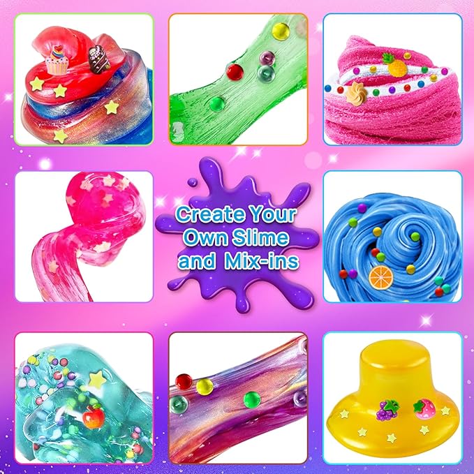 DIY Slime Kit for Girls, Galaxy & Glow in The Dark Slime Making Kit for Kids 6-12, Glimmer Crunchy, Butter & Cloud Slime Kit with Add-ins, Foam Balls, Charms, Glitters, Gift Toys for Boys Girls-CubbioJoy