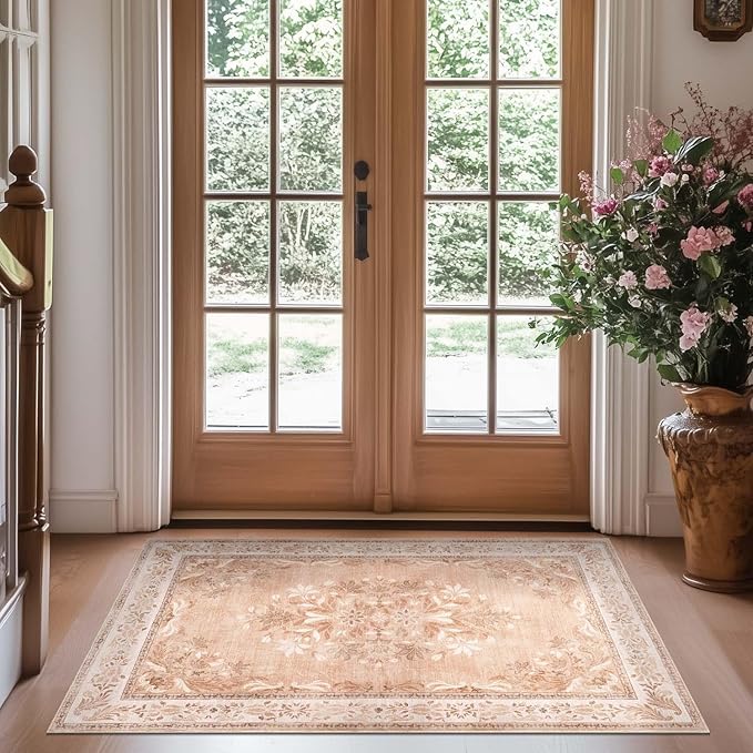 jinchan Vintage Floral 3x5 Area Rugs for Entryway - Machine Washable Distressed Design Ultra-Thin Low-Pile Soft Non-Shedding Carpet for Kitchen Bedroom Entrance Laundry Living Room (3x5ft,Coral Pink)-CubbioJoy