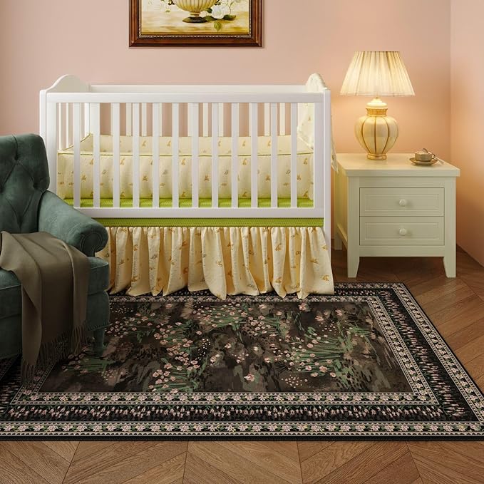 3x5 Washable Rug Impressionist-Style Vintage Non Slip Low Pile Small Carpet for Bedroom Bedside Kitchen Entryway Kids Room Office College Dorm Essentials for Girls, Black-CubbioJoy