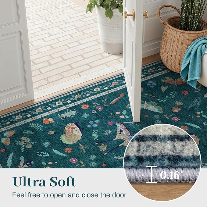 4ft Washable Round Rug - Bug Rugs for Living Room Non-Slip Low Pile Soft Ultra-Thin Machine Washable Circle Carpet for Bedroom, Entryway, Nursery, Kitchen, Home Office (4' Round Teal)-CubbioJoy