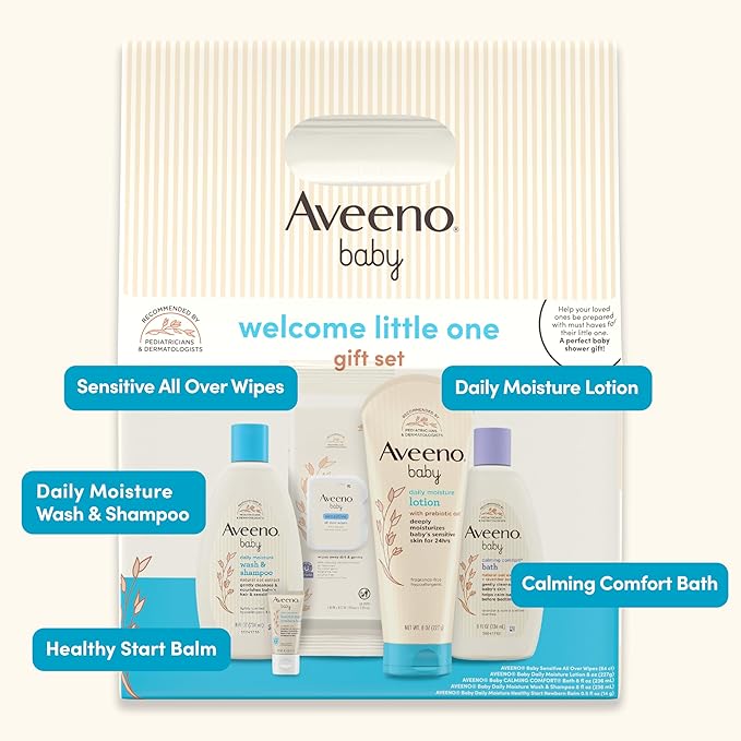 Aveeno Baby Welcome Little One Gift Set, Baby Skincare Set with Nourishing Baby Body Wash & Shampoo, Calming Bath Wash, All Over Baby Wipes, Daily Moisturizing Lotion, & Baby Balm, 5 Items-CubbioJoy