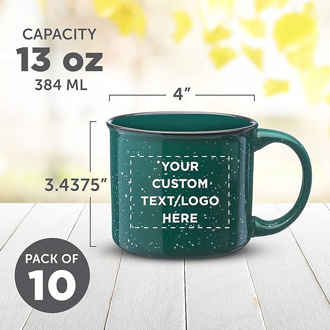 DISCOUNT PROMOS Custom Ceramic Campfire Coffee Mugs 13 oz. Set of 10, Personalized Bulk Pack - Perfect for Tea, Espresso, Cappuccino, Hot Cocoa - Green-CubbioJoy