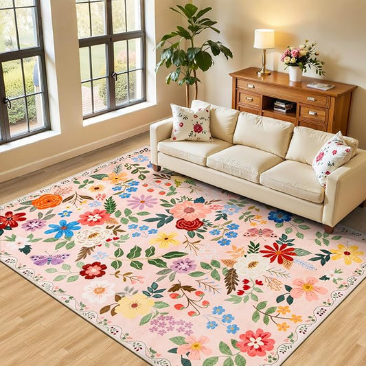 Area Rug Living Room Rugs: Floral 5x7 Washable Rug Vintage Soft Boho Non-Slip Carpet Indoor Floor Stain Resistant Large Carpets for Bedroom Dining Room Farmhouse Nursery Hallway Home Office Beige-CubbioJoy