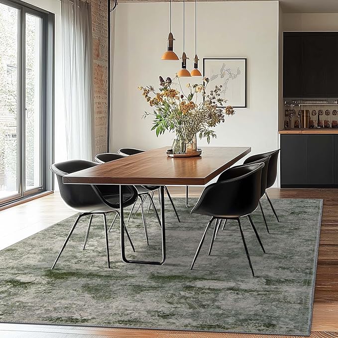 jinchan Washable Area Rug 6x9 for Living Room - Soft Faux Wool Ultra-Thin Stain Resistant Non-Slip Distressed Vintage Floral Rug Large Carpet for Bedroom,Dining Room,Home Office,Nursery(Green, 6'x9')-CubbioJoy