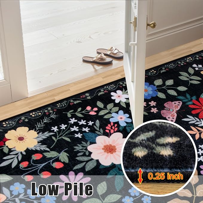 Area Rugs 9x12 Living Room: Floral Washable Rug Vintage Large Soft Boho Non-Slip Carpet Indoor Floor Stain Resistant Low Pile Carpets for Bedroom Dining Room Farmhouse Nursery Home Office Black-CubbioJoy