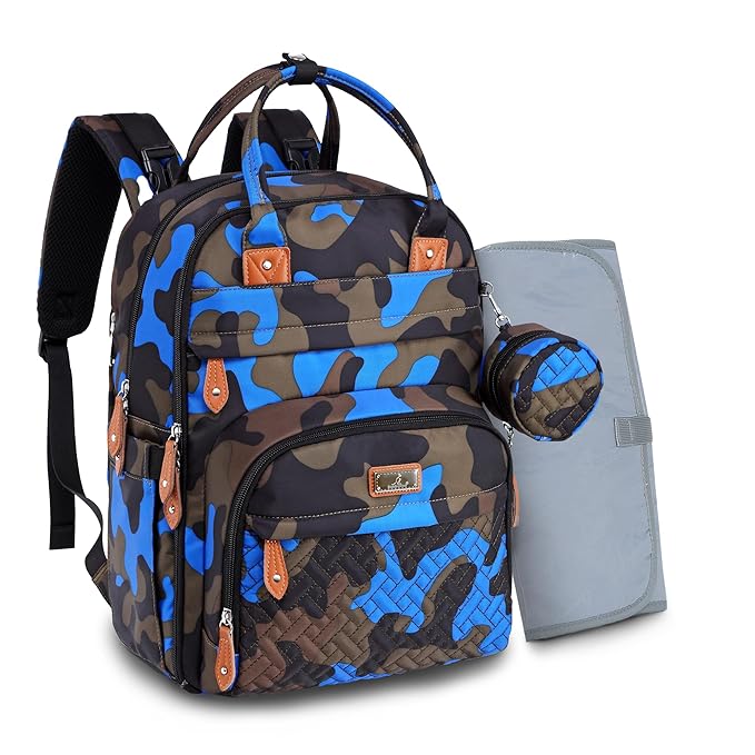 BabbleRoo Diaper Bag Backpack - Baby Essentials Travel Tote - Multi function Waterproof Diaper Bag, Travel Essentials Baby Bag with Changing Pad, Stroller Straps & Pacifier Case - Unisex, Blue Camo-CubbioJoy