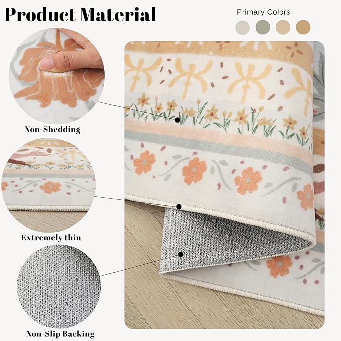 Door Mat Indoor Entrance 2x3 Rug Machine Washable Vintage Floral Botanical Small Area Rug Non-Slip Low Pile Throw Rugs for Entryway, Kitchen, Front Door Entrance, Entry, Kids Room, Yellow-CubbioJoy