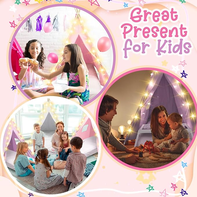 6 Pack Sleepovers Teepee Tent for Kids Bulk with Mattress Sheet Light,Natural Cotton Washable Indoor Play Tent for Birthday Slumber Party Girls Boys Pajama Movie Night Supplies(Pink, Purple, White)-CubbioJoy
