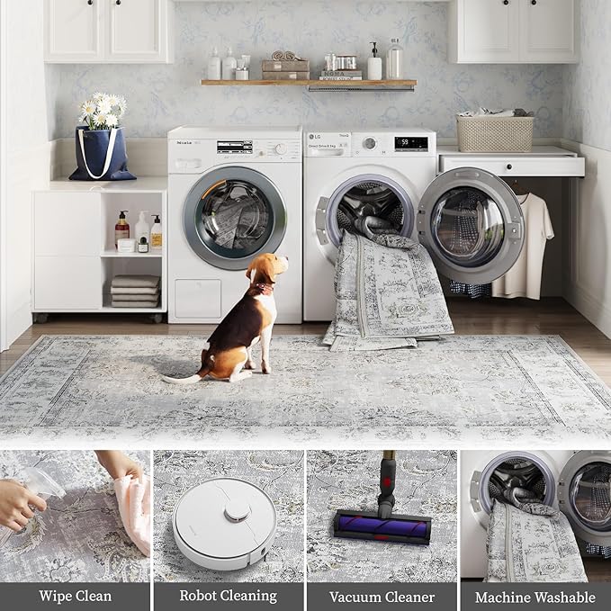 jinchan Long Hallway Runner Rug 2x12 Machine Washable Runner Rug Grey Vintage Floral Design Non-Slip Ultra-Thin for Kitchen Laundry Room Bedroom Farmhouse (2‘x12',Grey)-CubbioJoy