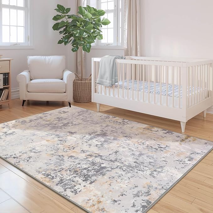 Area Rug 4x6 Washable Grey Rug for Bedroom, Abstract Modern Living Room Rugs Non Slip Low Pile, Carpet for Kitchen, Nursery, Kids Room, Office-CubbioJoy