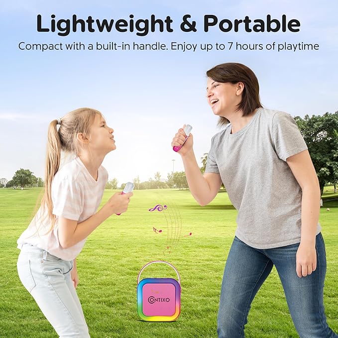 Contixo KS1A Kids Mini Karaoke Machine with LED Lights, 7–10H Playback, Dual Wireless Mics, Magic Voice Effects, Bluetooth Speaker for Children, Portable Singing Toy Gift for Boys & Girls, Pink-CubbioJoy