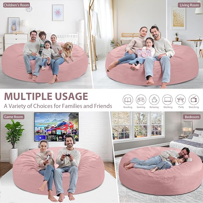 7FT Bean Bag Chair, Large Bean Bag Chairs with Memory Foam Filled, Fluffy Beanbag Sofa with Dutch Velvet Cover, Round BeanBag Chairs for Living Room, Playroom - Light Pink-CubbioJoy