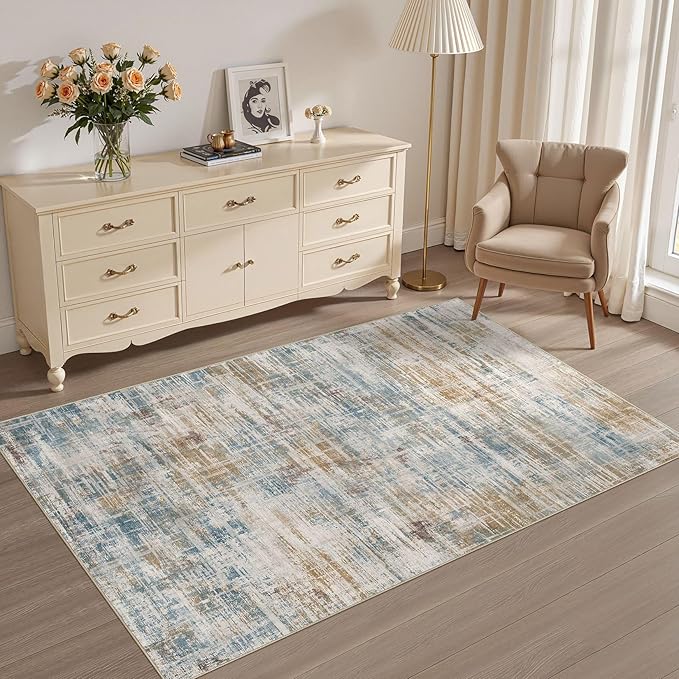 Area Rug for Living Room: 3x5 Washable Neutral Abstract Modern Soft Rugs Non Slip Indoor Floor Stain Resistant Carpet for Bedroom Dining Room Office Nursery - Blue Brown-CubbioJoy