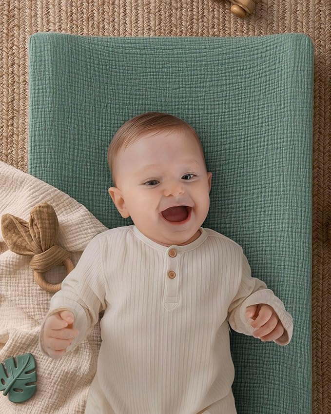 Blissful Diary Muslin Baby Changing Pad with Waterproof Lining Foam, Diaper Changing Table Pad with Cover for Dressers (Roman Green, Rectangular)-CubbioJoy