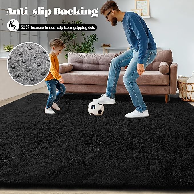 2x6 Runner Rug for Bedroom: Fluffy Shag Soft Washable Rugs Small Fuzzy Plush Indoor Carpet for Hallway Bedside Dorm Kids Girls Boys Room (Black, 2'x6')-CubbioJoy