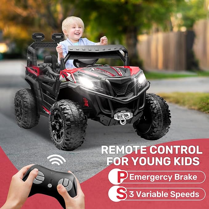 ANPABO 24V 4X4 Ride on Car Truck w/Remote Control, 4WD/2WD Switchable Kids UTV, 19" Spacious Seat, 4 Shock Absorbers, Soft Start, Music Player, Electric Car for Kids Ages 3+(Red)-CubbioJoy