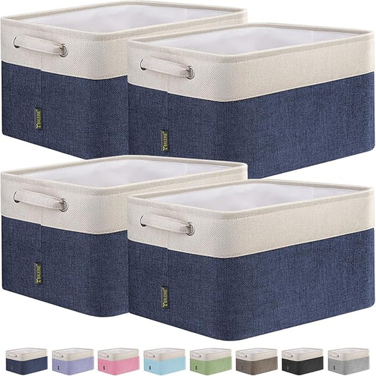 BALEINE 4 Pack Fabric Storage Bins for Shelves, Linen Storage Baskets for Organizing, Decorative Closet Bins for Clothes, Home (Navy Blue, 15"x11"x9.5")-CubbioJoy