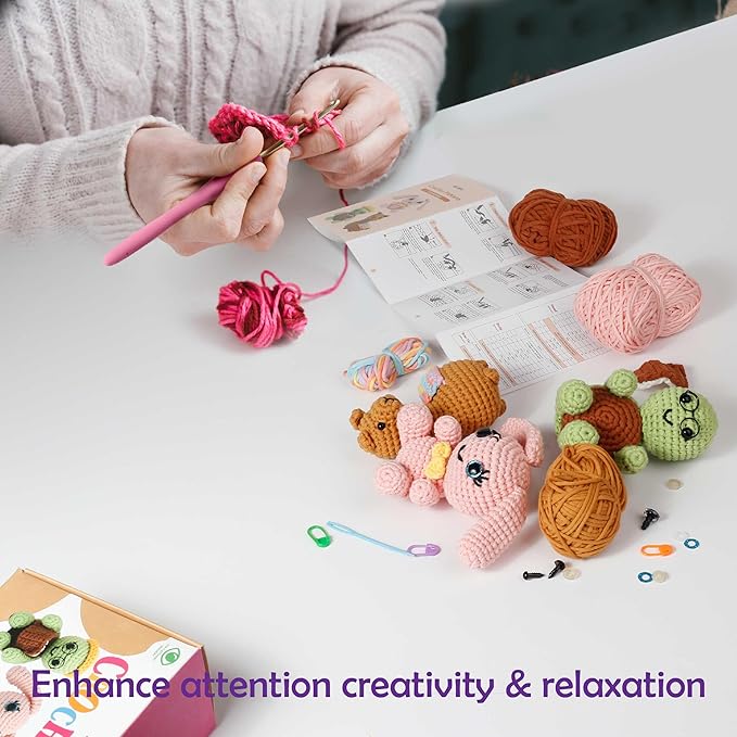 A-URA Learn to Crochet Kit for Beginners Kids and Adults, Premium 3 Animal Pattern Large Size Beginner Crochet Kits with Easy Tube Yarn & Step-by-Step Video Tutorials (Safari Friends–Larger Plushies)-CubbioJoy