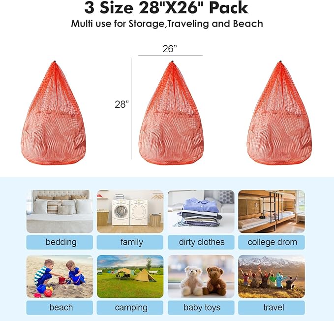 3Pcs Mesh Laundry Bags Washing Machine Mesh Wash Bags Jumbo for Delicates Clothes,Bed Linen,Toys with Drawstring Closure Sturdy(3 XXLarge 28 x 26 Inches, Orange)-CubbioJoy
