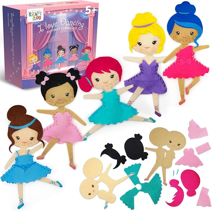 CRAFTILOO Ballerina Dancers Sewing Kit for Kids, Fun and Educational Craft Set for Boys and Girls Age 5-12, Sew Your Own Felt Ballerina Craft Kit for Beginners (Ballerina Kit)-CubbioJoy