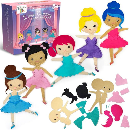 CRAFTILOO Ballerina Dancers Sewing Kit for Kids, Fun and Educational Craft Set for Boys and Girls Age 5-12, Sew Your Own Felt Ballerina Craft Kit for Beginners (Ballerina Kit)-CubbioJoy