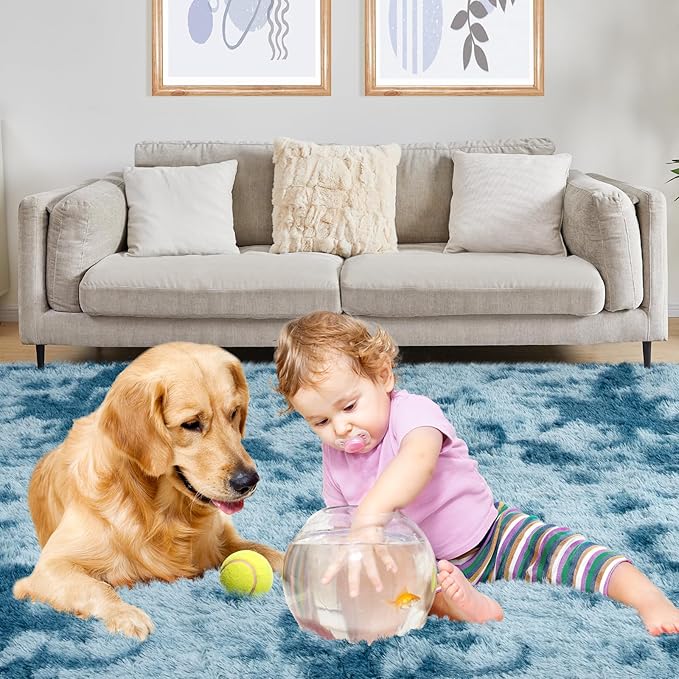 Area Rugs 8x10, Fluffy Rugs for Living Room, Ultra Soft Rugs for Bedroom, Non-Slip Indoor Carpet for Nursery, Kids Room, Playroom, Home Decor, Tie-Dyed Blue-CubbioJoy