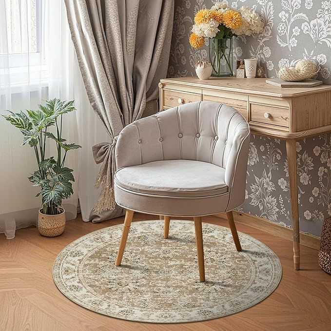jinchan Round Rug 5ft Area Rug - Indoor Vintage Hallway Circle 5' Washable - Ultra-Thin Low Pile Soft Small Non Slip Distressed Floral Print for Living Room Dining Room Bedroom Entryway Taupe-CubbioJoy