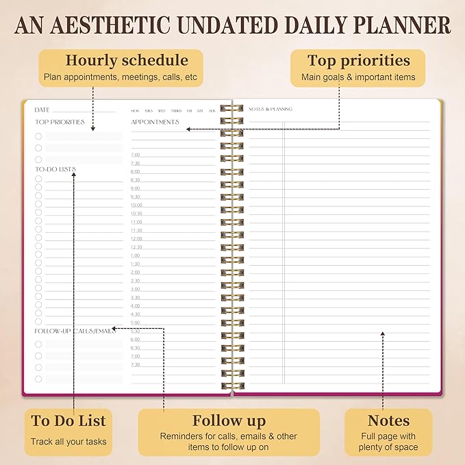 Cute Daily Planner Undated & To Do List Notebook for Work: With Hourly Schedule, 80 days Day on a Page Planner for Life Tasks - Day & Hour Agenda, Organizer Journal For Women or Men Purple-CubbioJoy