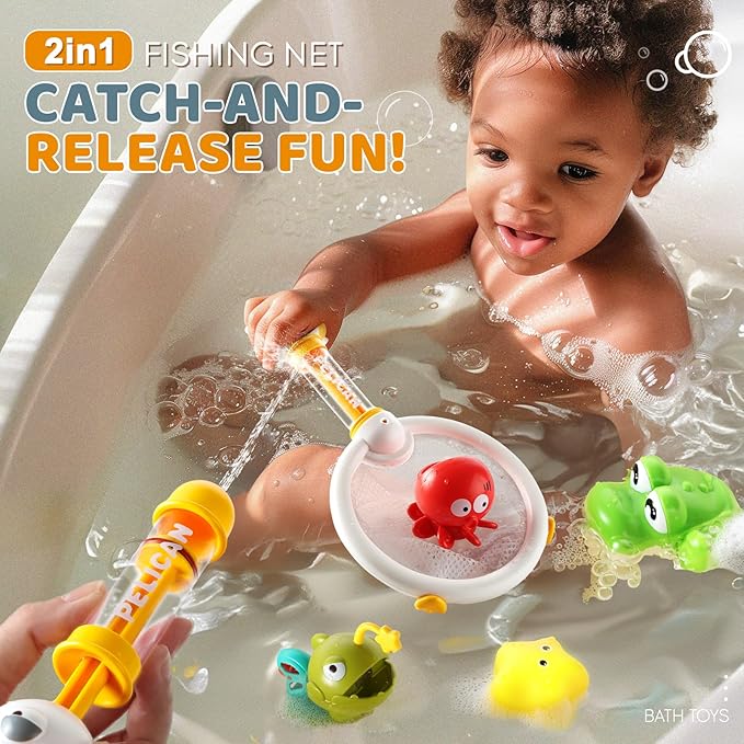 Bath Toys for Kids, Magnetic Fishing Toys with Storage Bag and Light up Star, Wind Up Creatures Baby Bathtub Birthday Gifts for Toddlers 2-4 Boys Girls, 11 Pcs Set-CubbioJoy