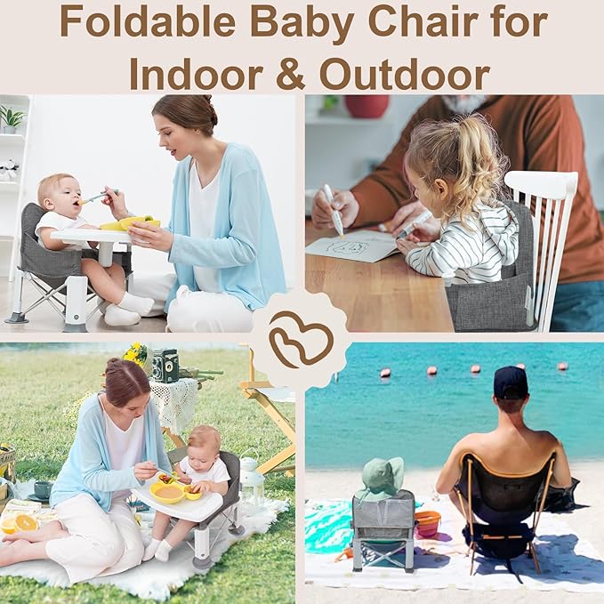 Baby Travel Booster Seat with Double Tray, BabyBond Upgraded Toddler Portable Baby Chair, Booster Seat for Dining Table, Stable and Foldable Booster Baby Chair for Indoor/Outdoor (Grey)-CubbioJoy