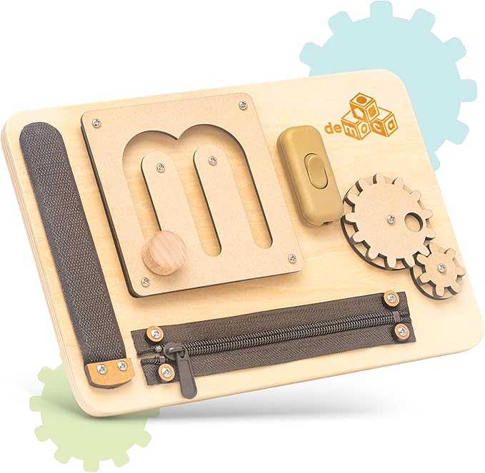 deMoca Baby Busy Board for 1 Year Old, Premium Montessori Toddler Travel Toy with Educational Activities, Sensory Travel Toys for Toddlers 1-3, Wooden Busy Board, Gift for Boy & Girl-CubbioJoy
