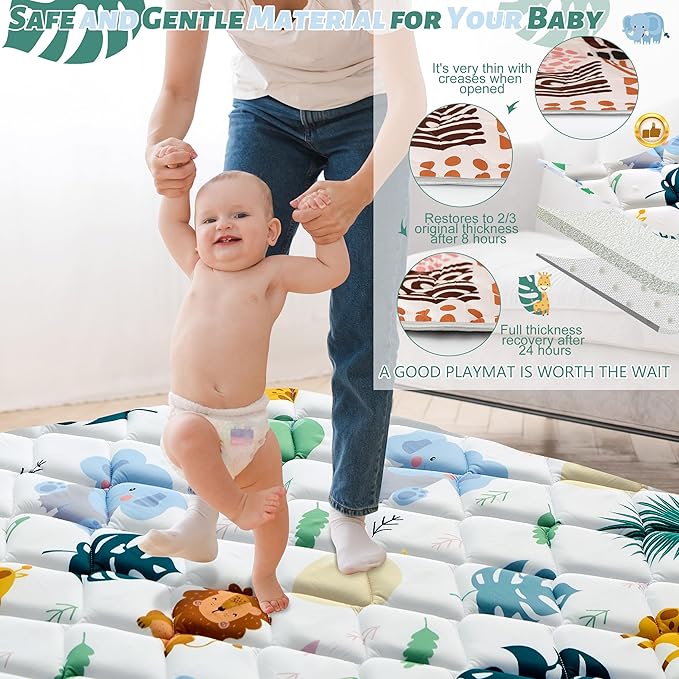 Baby Play Mats for Floor, 59x59 Playpen Mat for Babies, Extra Thicker & Soft Floor Crawling Mat, Foldable Non-Slip Playmat Cushioned for Infants Toddlers, Cute Animal Design-CubbioJoy