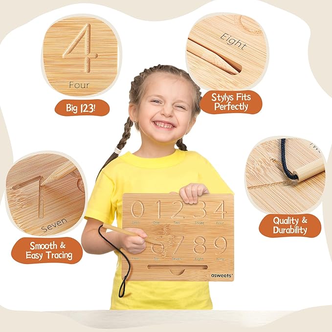 Asweets Montessori Wooden Number Practicing Board, Double-Sided Tracing Board and Shape RecognitionTool to Writing 123 Educational Toy Game for Preschool 3 4 5 Years Old Gifts-CubbioJoy