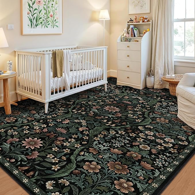 5×7 Black Washable Floral Area Rug,Vintage Boho Soft Low-Pile Living Room Rugs, Stain Resistant Botanical Non-Slip Carpet for Bedroom,Dining Room, Kids Nursery,Home Decor-CubbioJoy