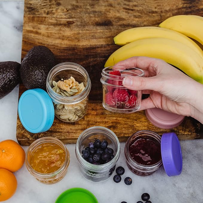 WeeSprout Glass Baby Food Storage Jars - 12 Set, 4 oz/8 oz Baby Food Jars, Plastic Lids, Freezer Storage, Reusable Small Glass Baby Food Containers, Microwave & Dishwasher Safe, for Infant & Baby Food-CubbioJoy